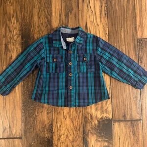 Pink Chicken/Blue Rooster EUC Navy/Green Plaid Button-Down *
